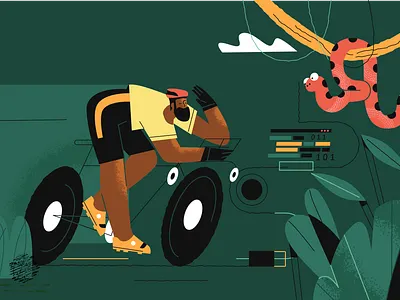 A whirlwind tour or Python adobe illustrator bike biker character colorful design flat illustration line art programming python tour ui vector