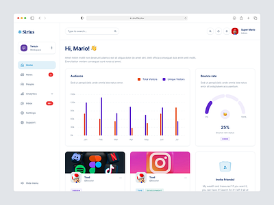 Sirius - Dashboard Library analytics cards clean components dashboard editor gaming library minimal news product ui ux web