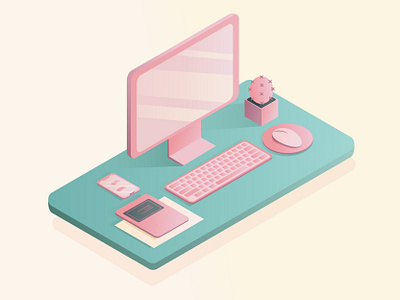 Workplace in isometry computer gradient graphic design illustration isometric computer isometric vector isomtery pink gradient workplace workplace in isometry