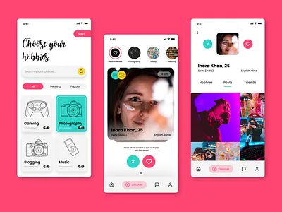 Elysian I Hobby Cultivate App UI app app design chatting concept daily 100 challenge dating design elysian hobbies hobby hobby cultivation okcupid pink swipe tinder ui ui ux uidesign user interface yellow