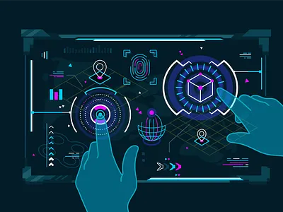 Hands work in augmented reality ar augmented reality character datascience deeplearning design fantastic flat futuristic illustration innovation machinelearning robotics sci fi screen touch touchscreen vector virtual rality vr