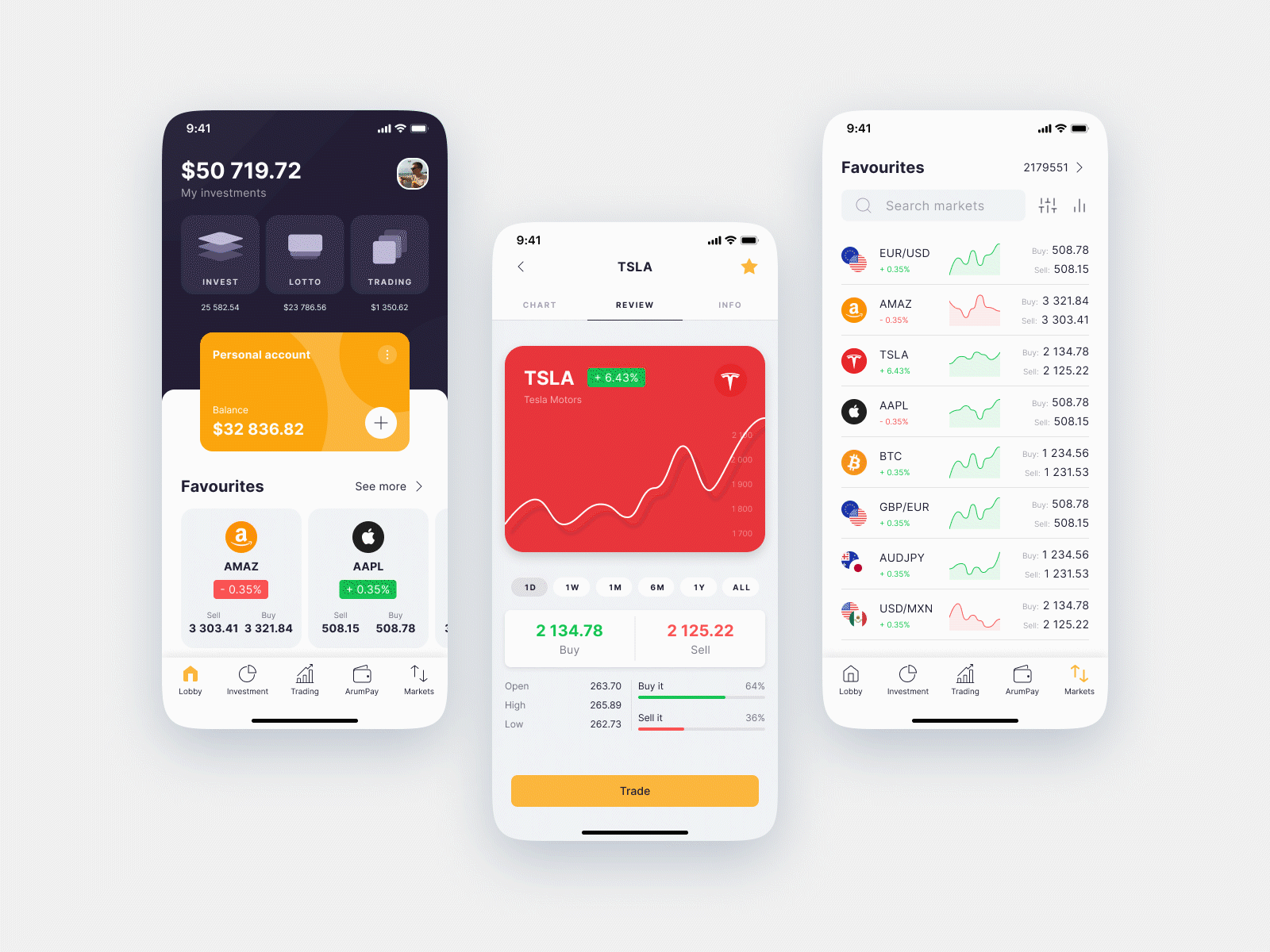 ArumTrade Application With Dark Theme dark design investments mobile trading ui