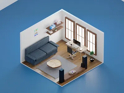 isometric Room Design 3d architecture decor imac isometric office rommdesign room soundsystem
