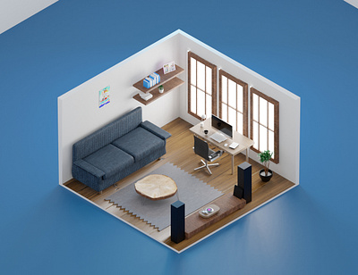 isometric Room Design 3d architecture decor imac isometric office rommdesign room soundsystem