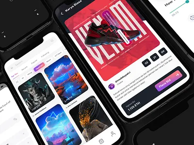 NFT Marketplace Mobile App bit coin bold card clean crypto art crypto currency dark doge ethereum gradient ios market modern nft nft art noise token trading ui ux