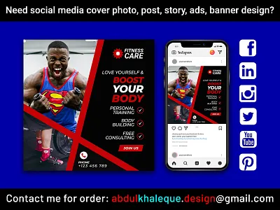 Instagram Post Banner Design for Gym Fitness Club banner ads facebook banner facebook post design fb banner fitness social media banner gym social media banner ig banner ig post banner insta banner instagram post banner social media banner social media design web ads web banner ads