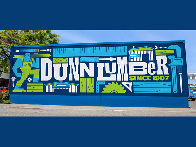 Dunn Lumber Mural building letterpress lumber lumberjack man mural mural art mural design mural wall nails overalls pencil power tools ruler saw saw blade screws store tools wood