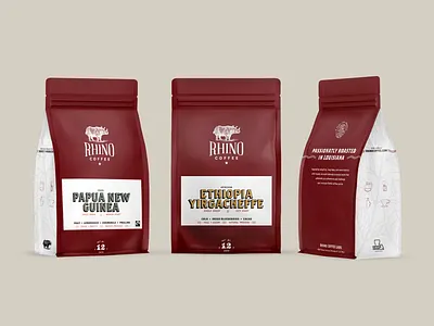 Rhino Coffee Retail Bags branding coffee design food labels mockup packaging print red rhino typography