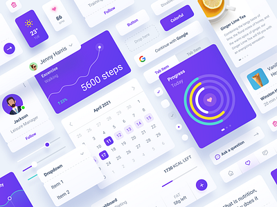 Health Dashboard UI Kit app button chart dashboard elements fitness graph health icon kit nav pie profile purple sport tracker ui vegan web
