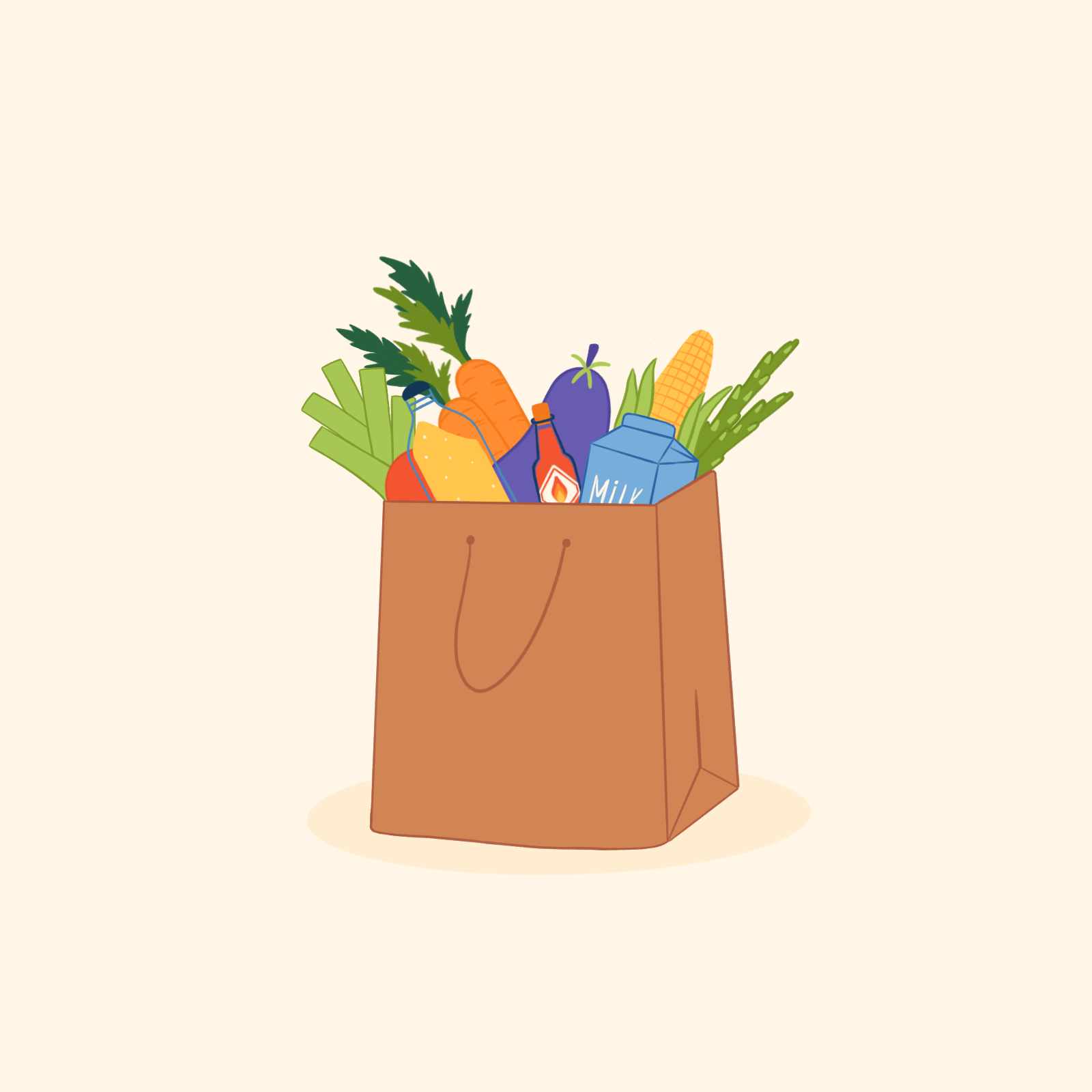 Bag with food bag carrot corn eggplant food illustration leek lemonade milk