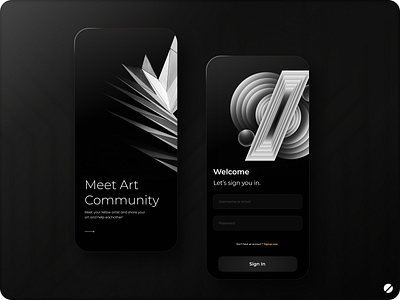 art community mobile app login page and on boarding ui ux 3d art asthetic beautidul branding community dark design dribbble login minimal new on boarding page saturn sign up signin trend ui ux