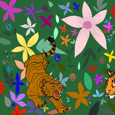 Into the wild abstract design draw flower green illustraion illustration image jungle tiger tigers vector wild yellow