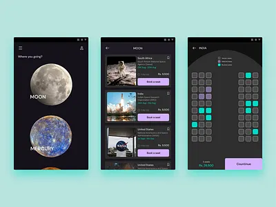 Spacetrip Mobile App android black booking clean dark darktheme earth figma figmadesign green material mobile app moon purple seat space spacetravel travel ui uiux