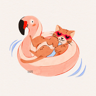 Summer Fun cat illustration cat swimming art childrens book illustration childrens book scene childrens illustration digital painting of a cat draw this in your style flamingo and cat flamingo illustration flamingo inflatable swimming mat flamingo mattress flamingo painting gouache painting kids illustration kitten illustration spot illustration of a cat summer illustration summer painting traditional media