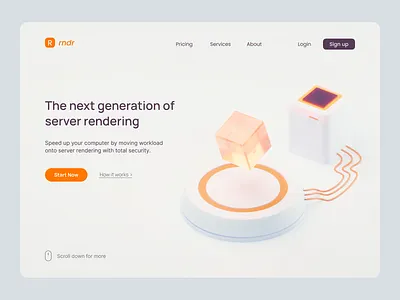 Render Server Hero Banner 3d animation branding c4d clean cube future glass illustration landing page minimal mobile orange render server ui ux web design website wire