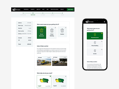 TW Services: Book a Skip bespoke booking system branding clean design logo minimal ui ux web website