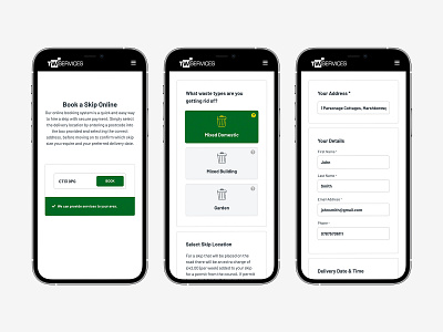 TW Services: Book a Skip bespoke booking system branding clean design logo minimal ui ux web website