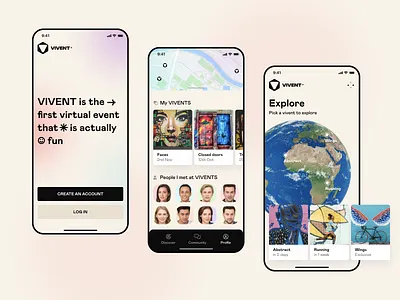 Virtual events explorer app ar art cards clean events friends ios map minimalistic mobile app modern product profile slide splash ui ux virtual world