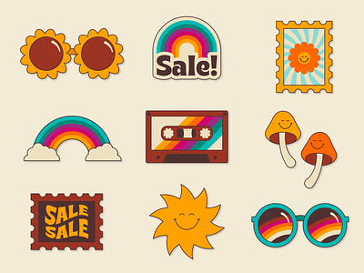 Retro Funk Sticker Collection 70s 80s character cute design flat graphic graphic design hippie illustration illustrator minimal rainbow retro stamp sticker sun sunglasses texture vector
