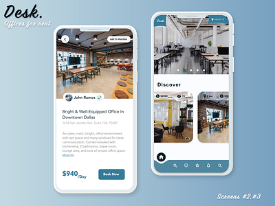 "Desk." App UI Concept Design - rent office space easily. adobexd airbnb app app concept app design app wireframes mobile mobiledesign office real estate rent