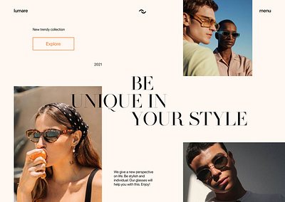 LUMARE sunglasses online store website brand identity branding casual figma graphic design jewelry landing page logo orange rebranding style sunglasses trendy typography ui uiux design ux ux website uxui design website