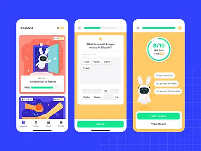 Bitcoin Lessons — E-learning App app app design bitcoin criptocurrency design digital products digital studio elearning engaging illustration interface lessons progress progress pie satoshis screens startup ui user friendly z1