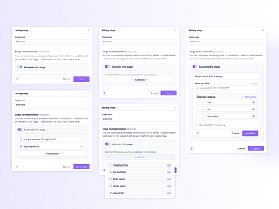 Stage/step editor add field add step automation automation settings builder configuration configuration modal configure edit edit stage edit step editor form builder forms recruitment settings settings modal stage stage builder step