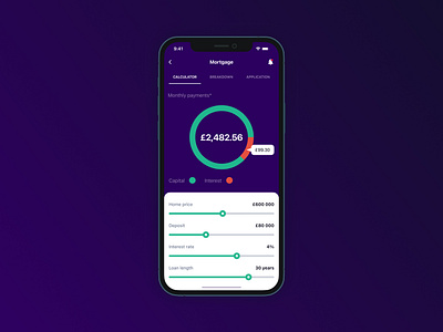 Mortgage calculator app app screen application bank banking chart corporate dailyui dark mode finance graph iphone mobile mortgage pay payments screen sliders ui ux