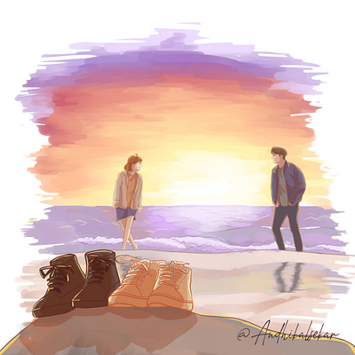 Beach Day art artwork beach couple digital art digital artwork digital illustration illustration korean old fashioned park bo young sunset