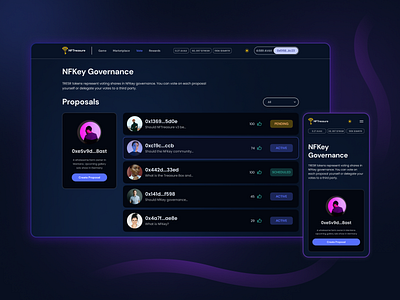 NFKey Governance page in night mode 3d branding dark mode design governance nft proposal stake ui ux vote web web3