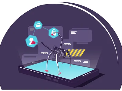 Cyber ​​spider on smartphone hacks data vector illustration. Hac troian