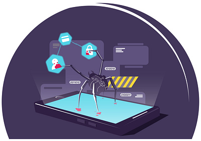 Cyber ​​spider on smartphone hacks data vector illustration. Hac troian