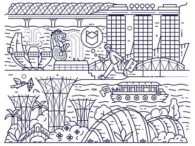 Singapore Travel Poster apac asia branding city corporate design graphic design ill illustration landmarks line art map minimalist poster singapore skyline symbols tourist travel vector