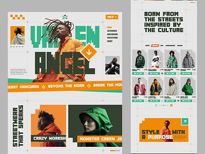 Vallen Angel : Streetwear Fashion - Landing Page animation branding clothes cyberpunk fashion fashion brand fashion website futuristic home page landing page layout motion graphics orange pixel streetwear typography ui ux website website design