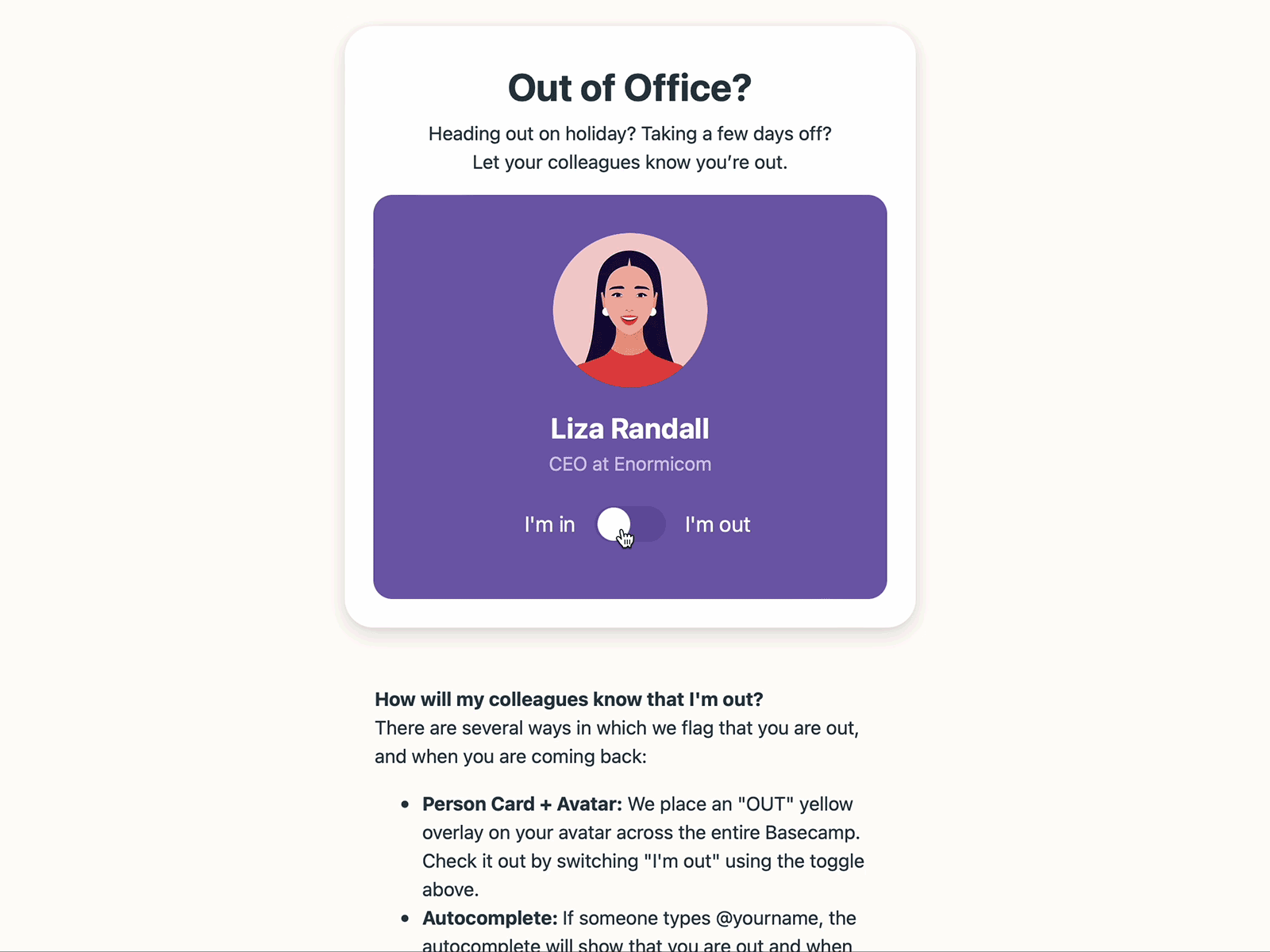 Out of Office Setting in Basecamp 37signals animation app basecamp product design ui vacation mode