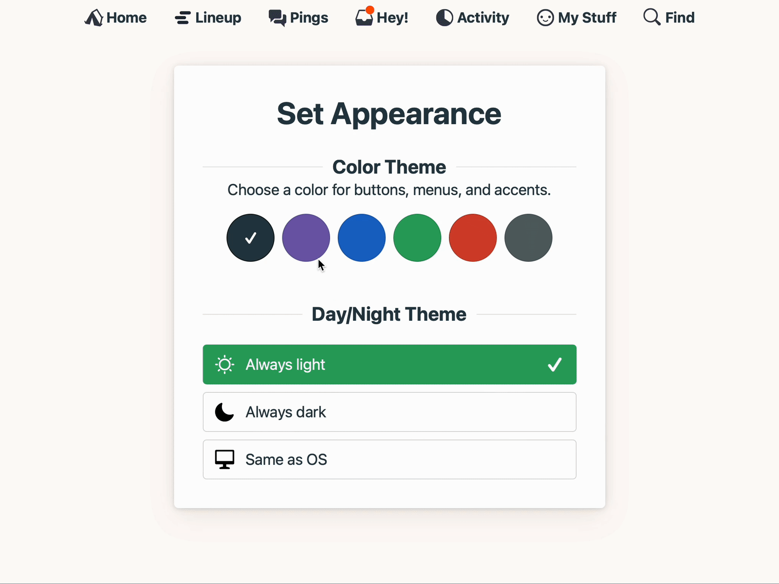 Color themes in Basecamp 37signals animation basecamp calm dark mode design project management themes