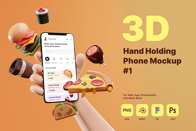 3D Hand Holding Phone Mockup for Food Industry 3d 3d animation 3d illustration app business concept hand hold holding illustration iphone mockup phone render rendering sale smartphone template ui website