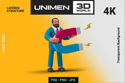 Businessman 3D holding Magnet on Transparent BG 3d 3d animation 3d art 3d illustration advertising background business businessman campaign character funny holding illustration man marketing page people transparent uniman unimen