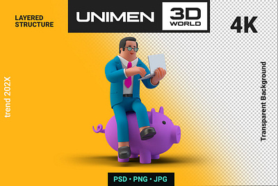 Businessman Sitting on Piggy Bank 3D Illustration 3d 3d animation 3d art 3d illustration background bank businessman character finance financial funny illustration invest man page people pig piggy uniman unimen