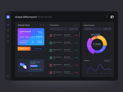 Banking Dashboard UI (Dark Theme) bank transactions banking cards banking dashboard banking transactions cards ui clean credit cards debit cards fintech dashboard ui gradient colors minimal modern pie charts spend anaylsis spent transactions transaction listing transactions page transactions ui ux web dashboard ui