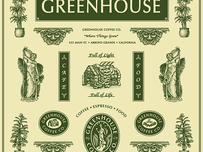 Greenhouse badge branding drawn graphic design hand illustration logo old plants statues typography vintage woman