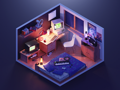 Retro Night 3d blender diorama games illustration isometric lowpoly pc render retro room