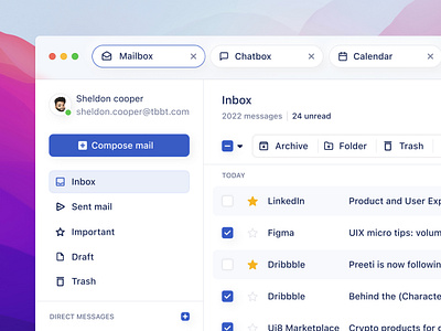 Client mail - One work platform apple attachment button calendar chat component dashboard design system filters interaction interface light list mac app mail meetings minimal navigation platform projects