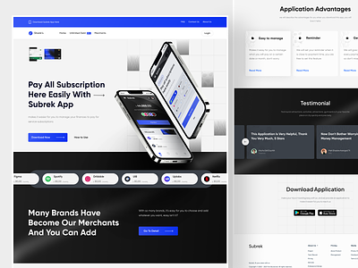 Subrek - Landing Page Website benefit section card card payment category chip clean design cta dark theme finance footer landing page modern pay payments subscription testimonial ui ux web design website