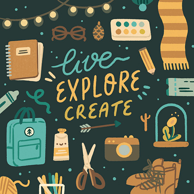 Live, explore, create adventure caligraphy creative process creativity explore icons illustrated lettering illustrated typography illustration ipad ipadpro lettering nature poster procreate text travel typography