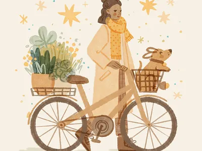 Spring time bike bike ride character cozy dog doggo dress girl illustration ipad ipadpro nature procreate spring stroll walk woman
