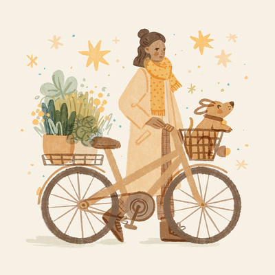 Spring time bike bike ride character cozy dog doggo dress girl illustration ipad ipadpro nature procreate spring stroll walk woman