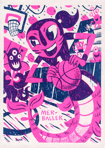 FFSF: Mer-baller! design illustration mermaid monsters pink risograph trading card