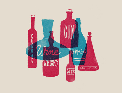 Alcoohol overlap alcoohol bottles grain illustration ipadpro lettering mid century procreate riso screenprinting textures