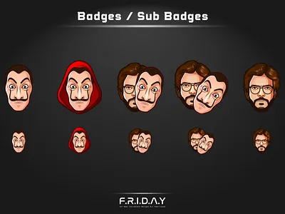 sub badges for twitch / money heist la casa de papel cartoon banner cartoon chibi custom logo customemotes cutelogo design esportlogo graphicdesign illustration illustrator lacasadepapel logo moneyheist overlay screens streamers subbadges twitch twitchstreamers